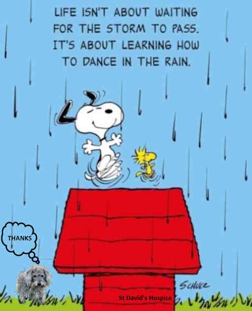Snoopy and friends dancing in the rain
